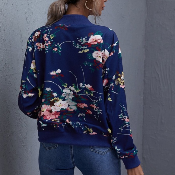 Boho Burgundy Floral  Zipper Light Bomber Jacket - Picture 4 of 5